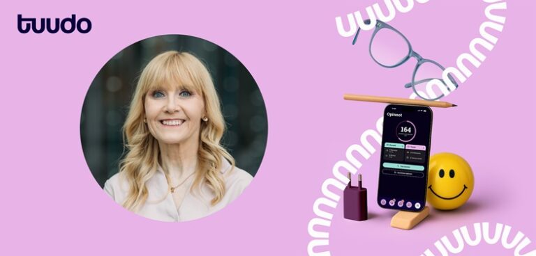 Tuudon pinkki tausta, jossa puhelin ja uuu-nauhagrafiikkaa, sekä kolumnin kirjoittajan kuva