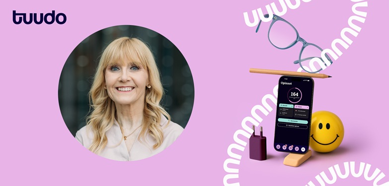 Tuudon pinkki tausta, jossa puhelin ja uuu-nauhagrafiikkaa, sekä kolumnin kirjoittajan kuva